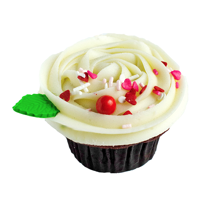 We bake our cupcakes fresh daily. (Shown: Valentines Day Rosette Red Velvet cupcakes.)