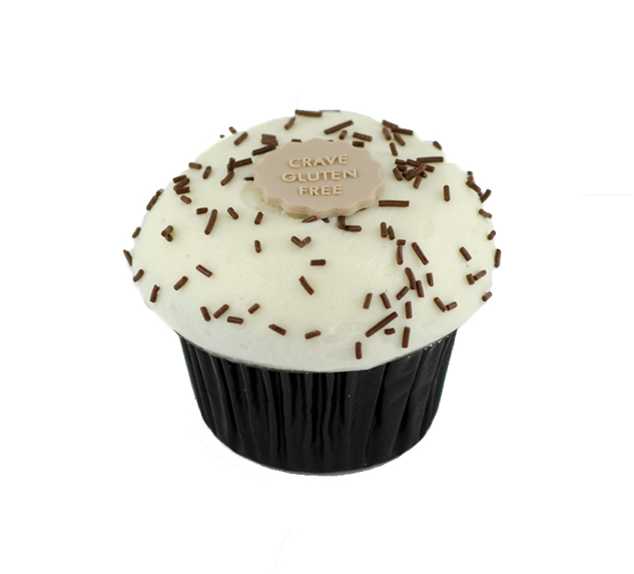 We bake our cupcakes fresh daily. (Shown: Gluten Free Vanilla on Chocolate Cupcake cupcakes.)